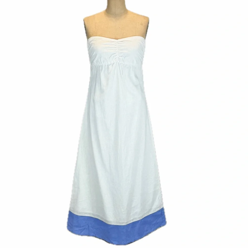 VINTAGE Tommy Bahama linen cotton‎ strapless dress long maxi smocked bow waist